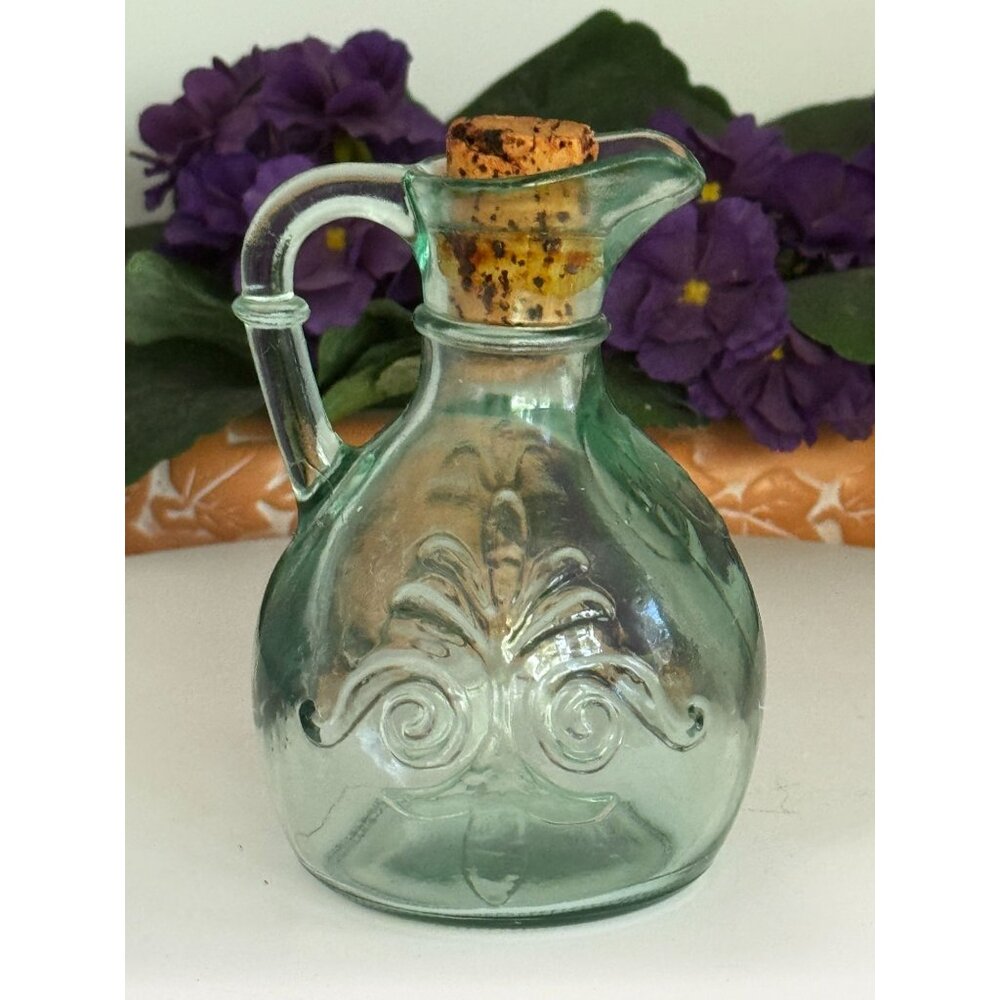 Vintage Green Glass Cruet / Decanter With Cork Stopper